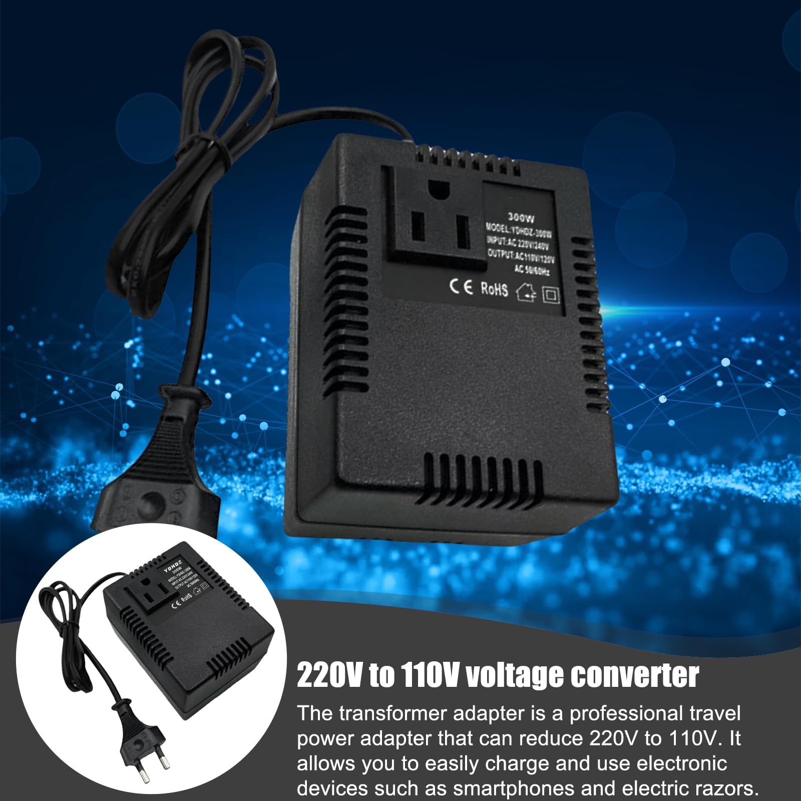 Convertisseur de Tension 220V vers 110V 300W, Transformateur de Puissance Abaisseur Adaptateur de Voyage pour Appareils Électroniques, Ordinateurs, Purificateurs d’Air, Caméras et Plus