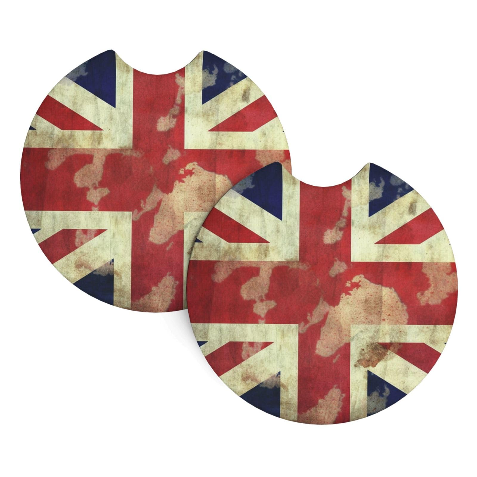 Fhebnds Women's Black Vintage Union Jack British Flag Car Coasters For Cup Holders 2 Pack, 2.7 Inch Universal Non-Slip Insert Water Bottle Holder Pads For Men Absorbent Drink Cup Coaster With Finger Notch