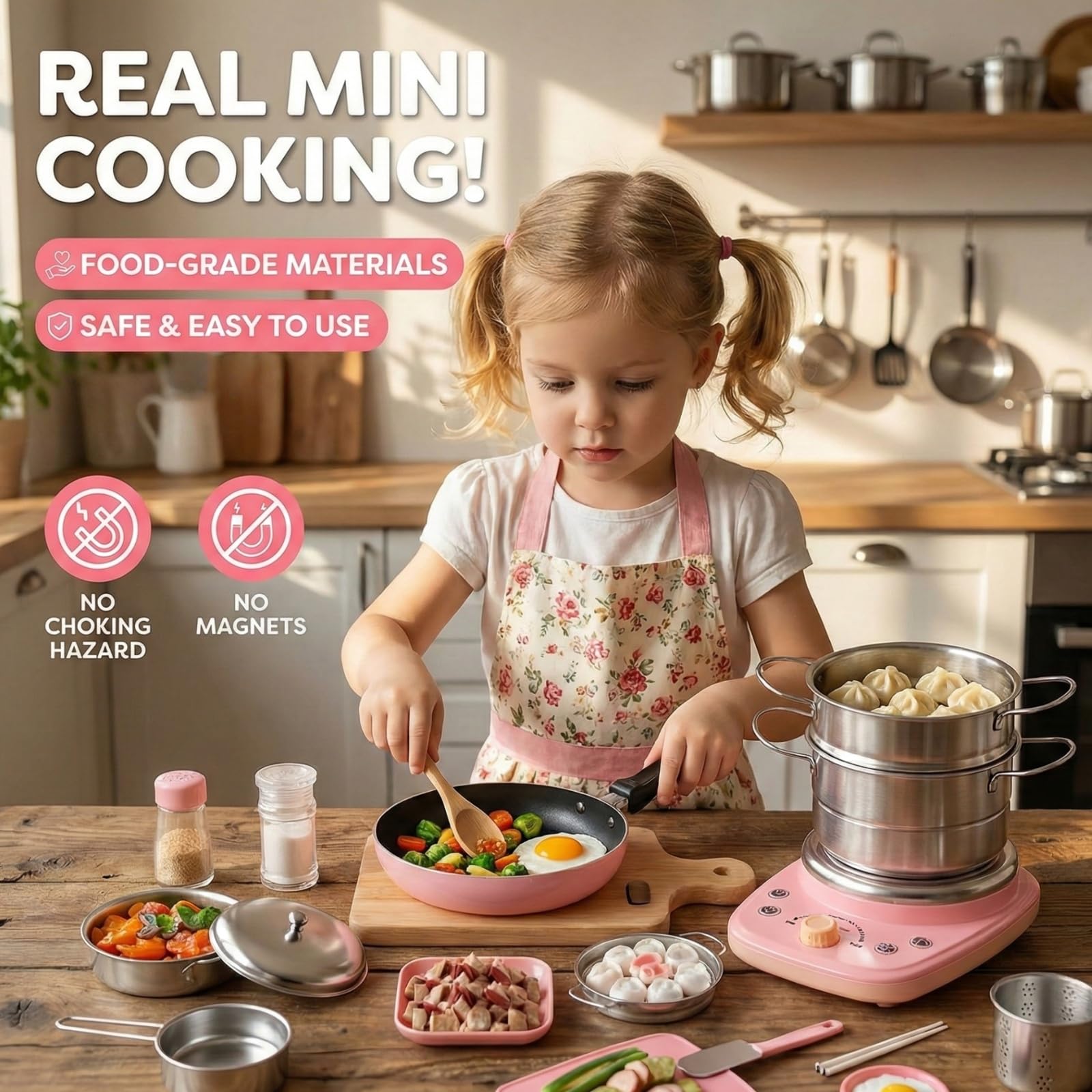 Mini Juego de Cocina para niños、24 Juguetes con Estufa eléctrica Funcional y Utensilios de Cocina de Acero Inoxidable Seguros. Kit de Cocina para Principiantes (Blue)