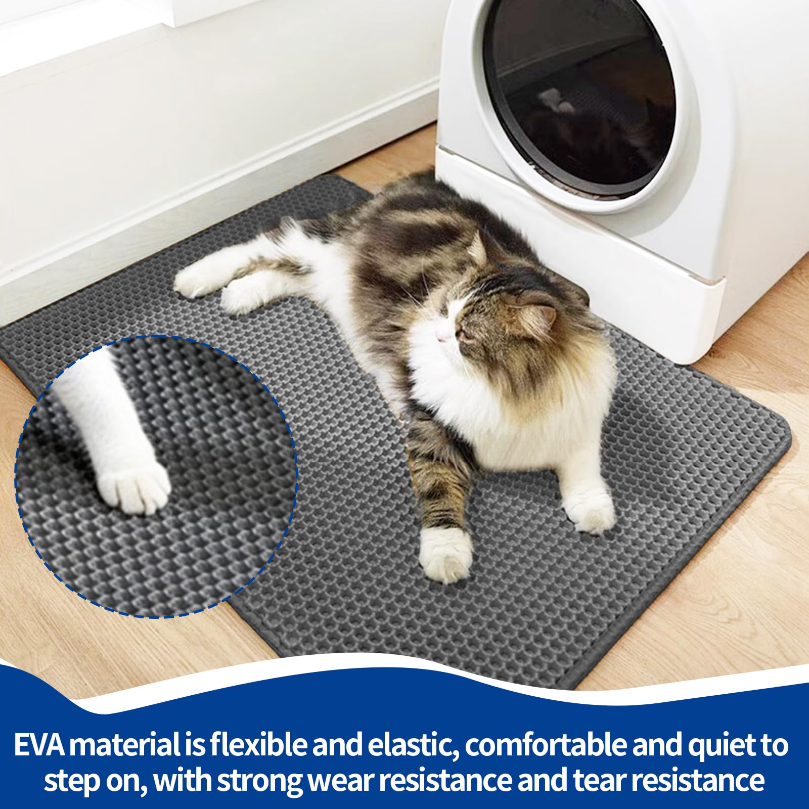 Katzenstreu Matte XXL, Katzenklo Matte Doppelte Schichte Katzenstreumatte 90x60 cm EVA Katzenmatte mit Klettverschluss Waben Grau Katzenklo Unterlage
