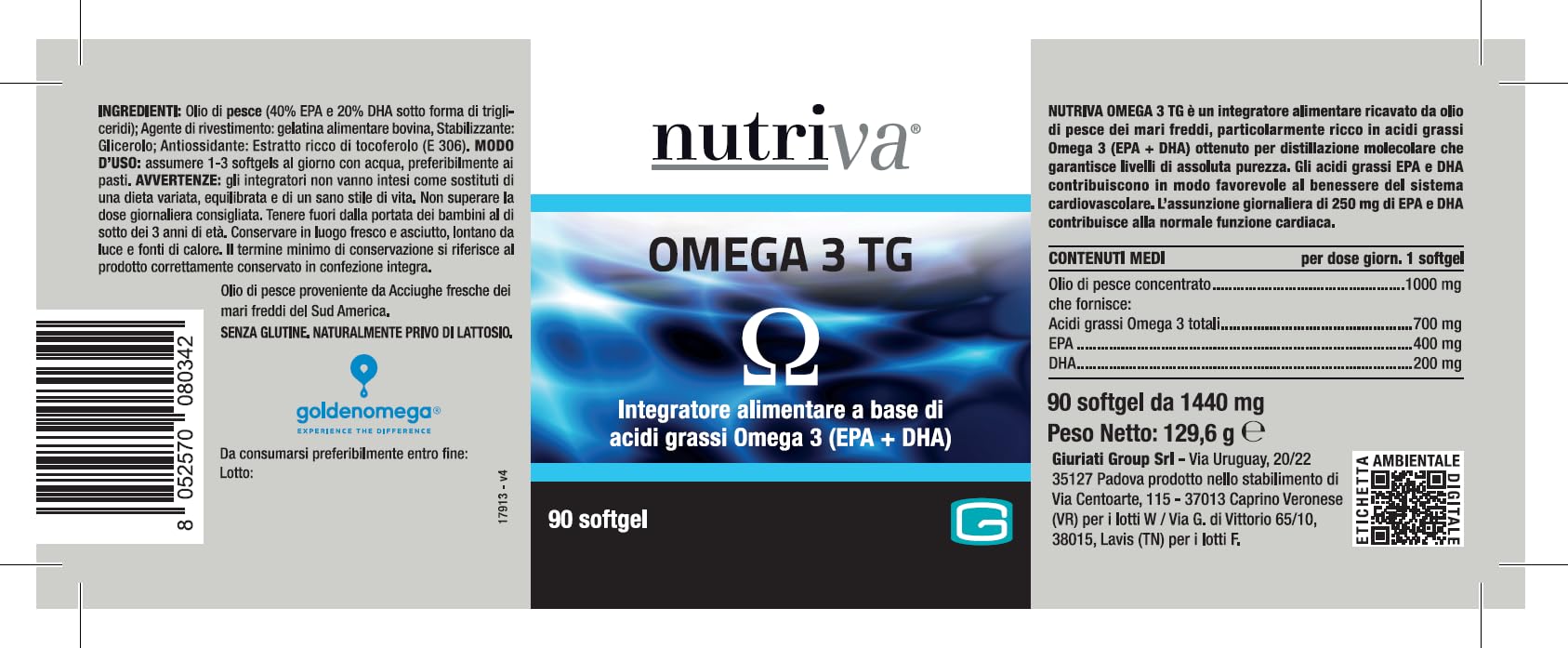 Nutriva Omega 3 TG - Complément alimentaire à base d'huile de poisson riche en acides gras oméga 3 (90 gélules)