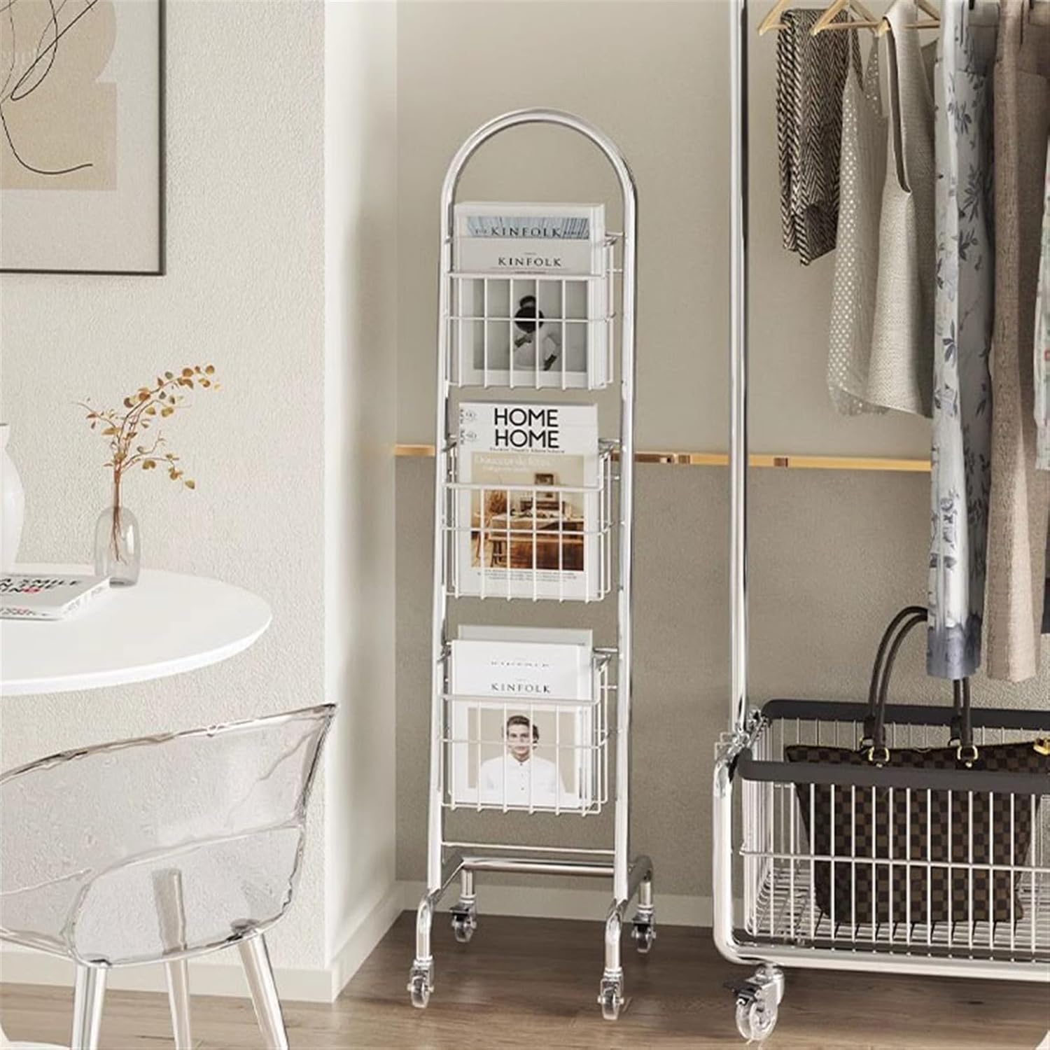 Floor-Standing Magazine Rack Brochure Stand Magazine Rack, Brochure Display Stand with Wheels, 3 Pockets Magazine Holder Newspaper Stand for Newspaper and Products Exhibition Information Rack