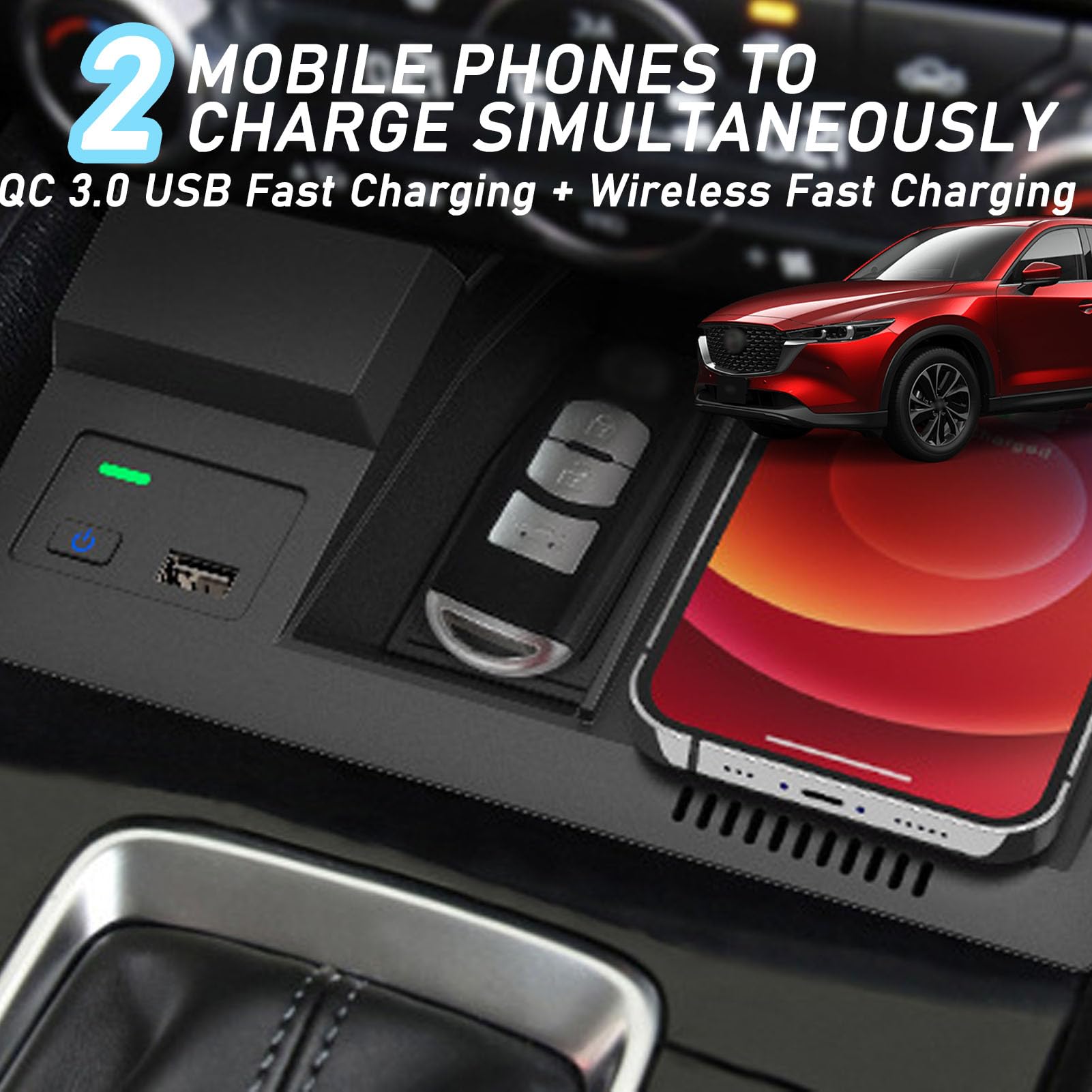 Caricabatterie Wireless per Auto per Tutti i Modelli Cx-5 Accessorio con 15 W Wireless e USB Qc3.0 Ricarica Rapida Regalo per la Famiglia