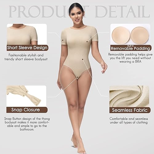 Miniatura 2 de Body moldeador para mujer, con control de abdomen, cuello redondo, manga corta, tanga esculpida con relleno extraíble