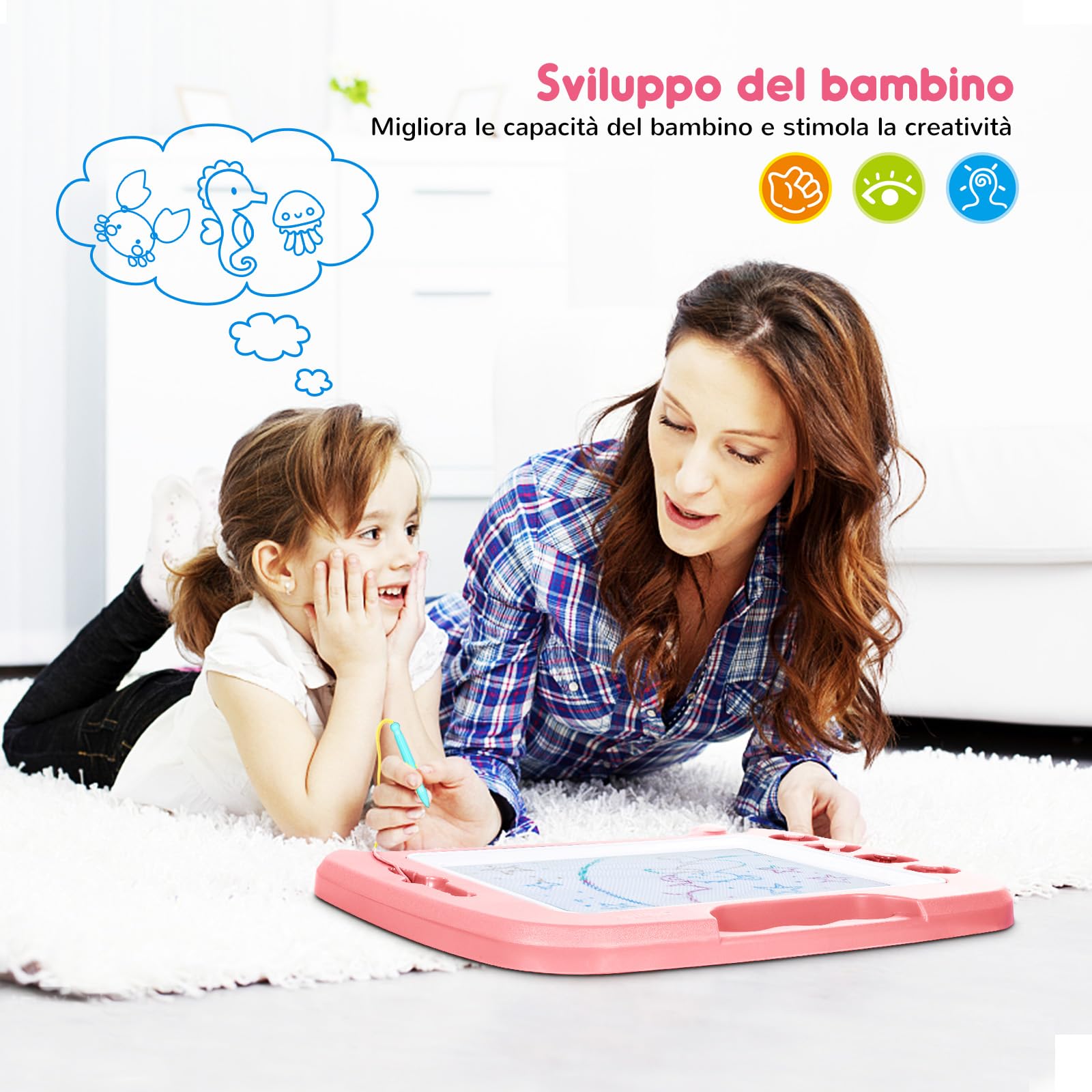 SGILE Grande Tavolo da Disegno Magnetico - Blocco per Scarabocchi in 4 Colori 42×33 cm con 4 Timbri per Bambini, Tavolo da Disegno Incisione Regalo per Bambini di 36 Mesi e Ragazze, Rosa chiaro