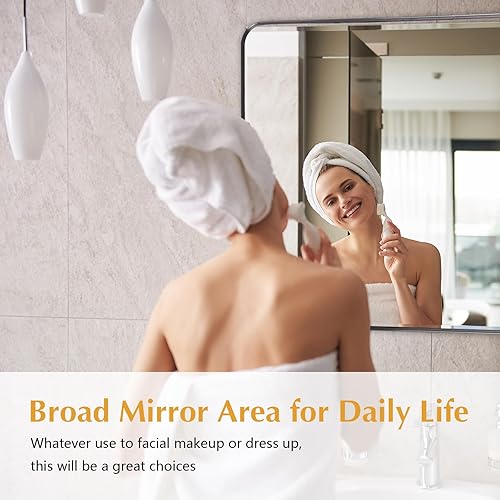 Miniatura 4 de Espejo de baño de borde redondo con marco negro grueso, lentes de aspecto grande para colgar sobre el tocador, maquillaje, decoración para montar en