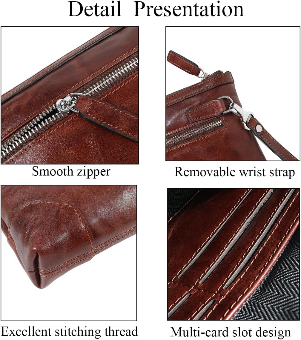 Genuine Leather Clutch Bag for Men Handbag Wrist Bag Business Large Purse Envelope Bag