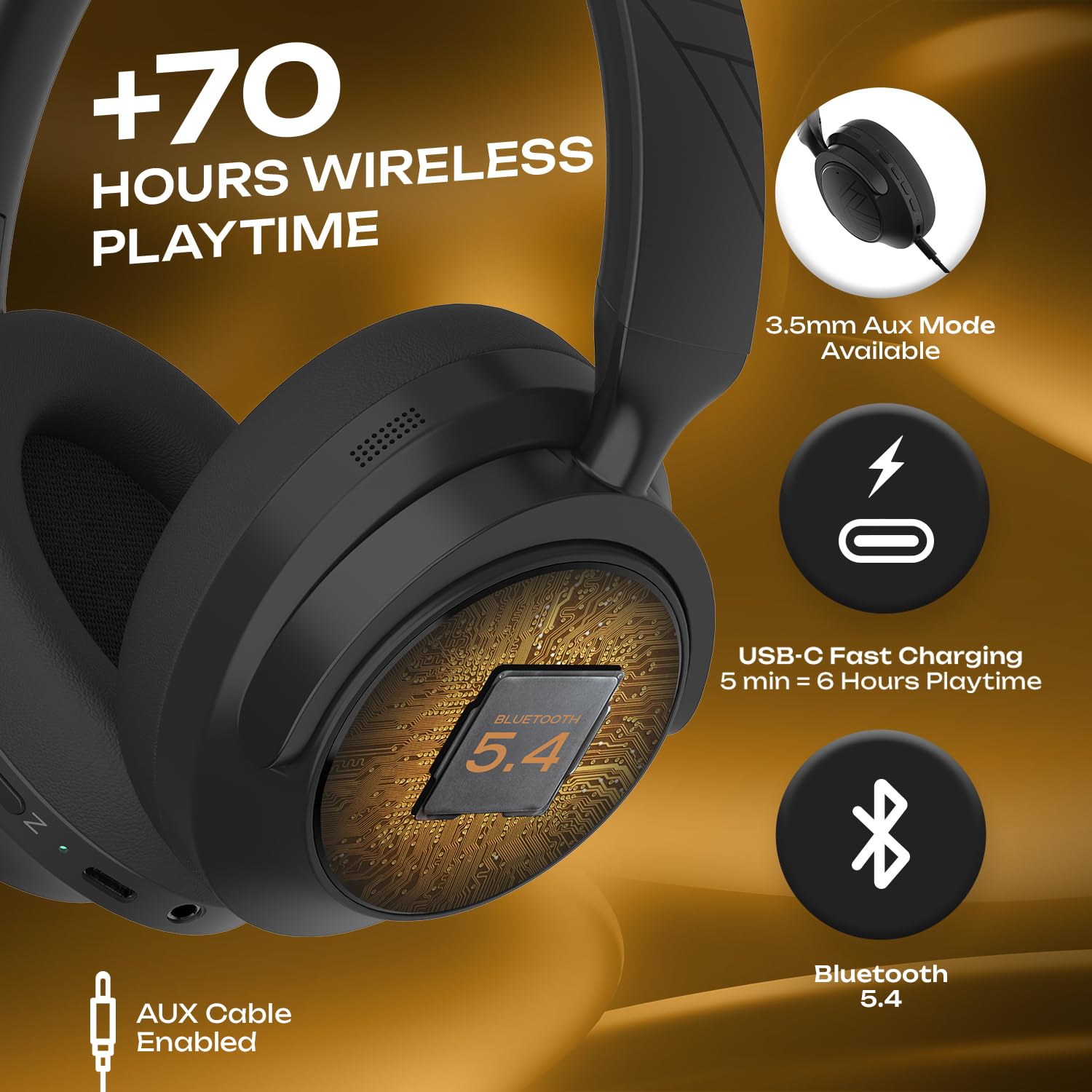 PowerLocus Aktywna redukcja szumów, 70 godzin odtwarzania nauszne słuchawki Bluetooth, bezprzewodowe słuchawki Hi-Fi stereo z futerałem, składane, z mikrofonem do podróży, telefonu komórkowego