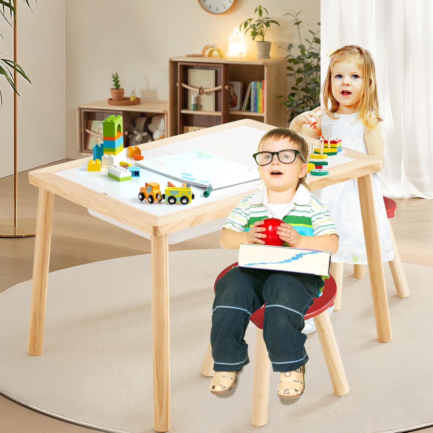 Beright Wooden Step Stool for Kids, Children's Stool Perfect Matched Sensory Table, 9 Inch Sturdy Sitting Stool with Assembled Four-Legged, Mushroom, 2 Pack