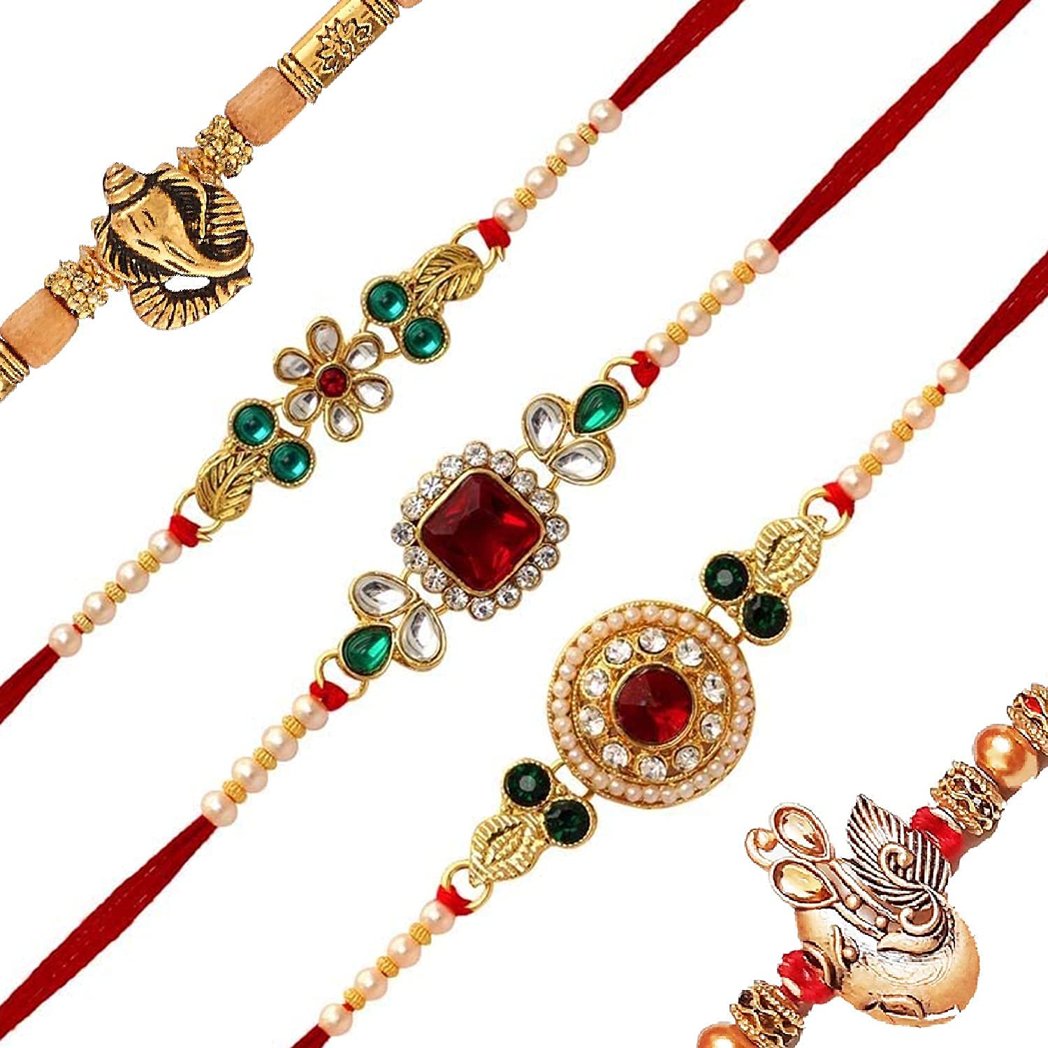 BANDHAN Kundan Gold Plated Rakhi for Brother Bhaiya Bhabhi Combo (Pack of 5) Bracelet Designer Rakhi for Men (Red, Multicolor) (B0D7SL8WKB) Amazon Price History, Amazon Price Tracker