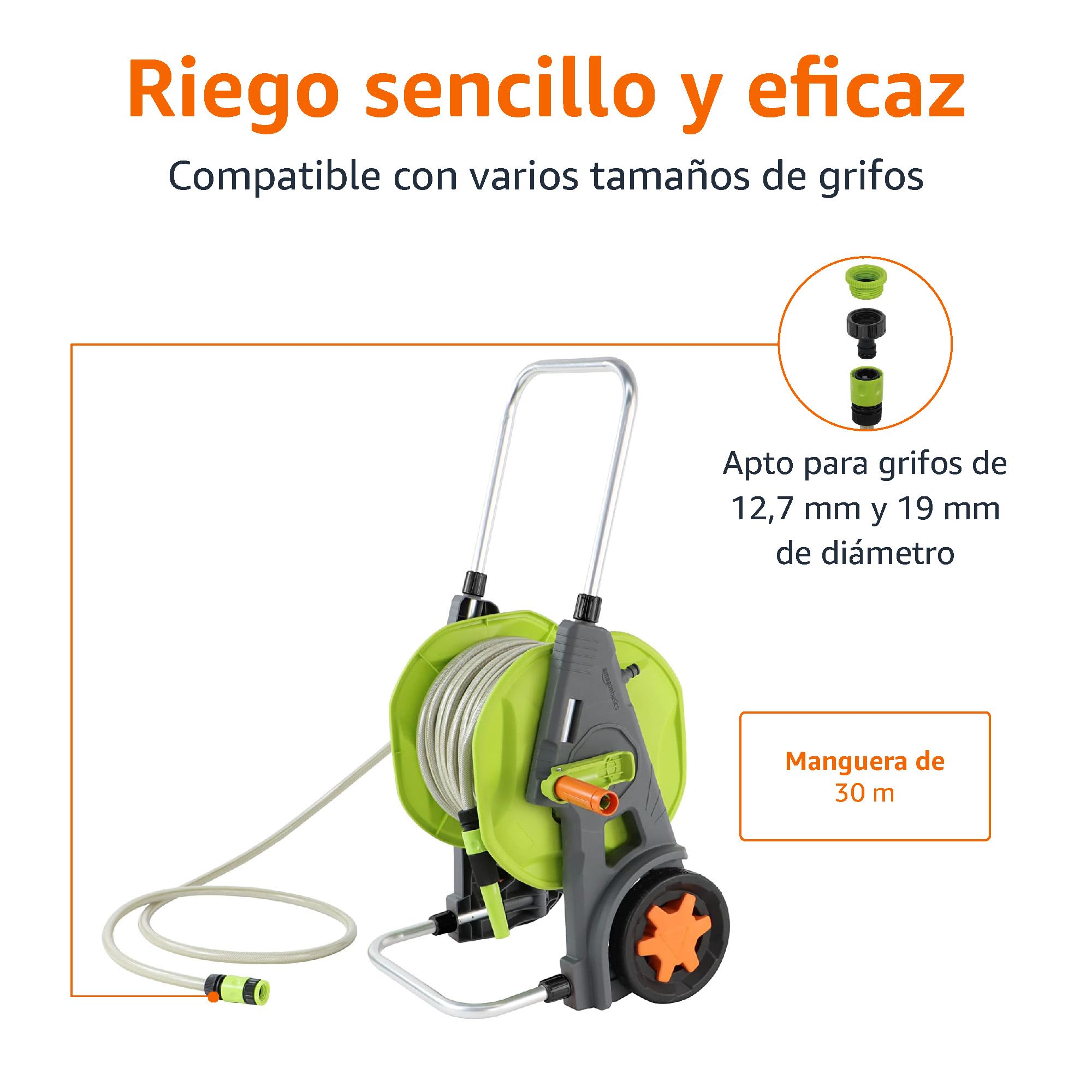 Amazon Basics Portamangueras enrrollable de plástico, con manguera de 30 m, Verde/Gris
