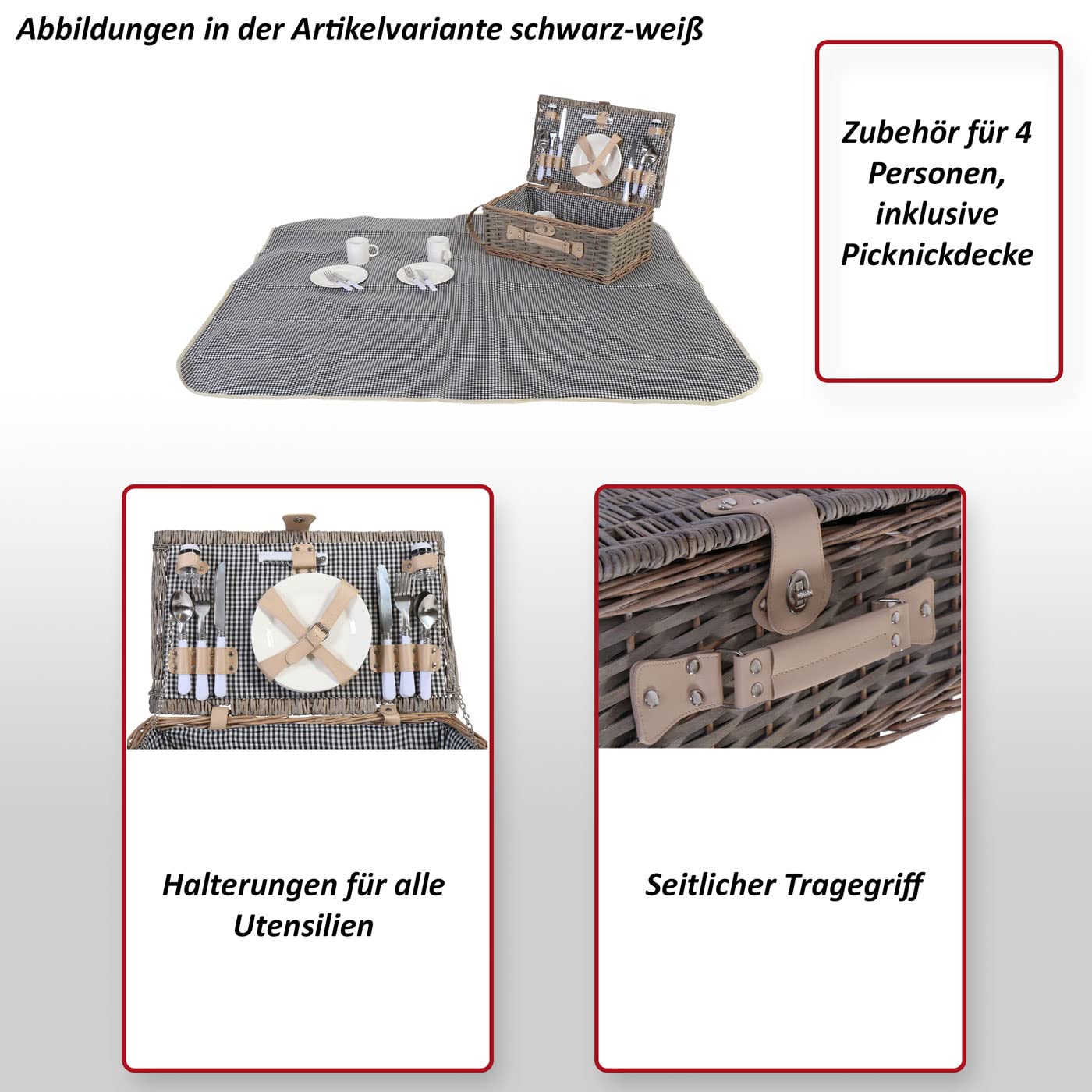 Mendler Zestaw koszy piknikowych HWC-B24AM dla 4 osób, kosz wiklinowy, porcelana stal szlachetna – szaro-zielony