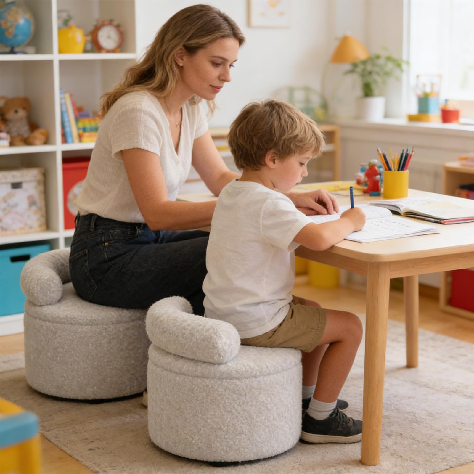 Pouf Per Poggiapiedi Ottomana Panca Rotonda in Peluche con Contenitore