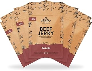 Grizzly Foods • Beef Jerky Teriyaki (10 x 100 g) • suszone mięso niemieckiego bydła • przekąska o wysokiej zawartości białka • idealna w podróży, do biura, uprawiania sportu