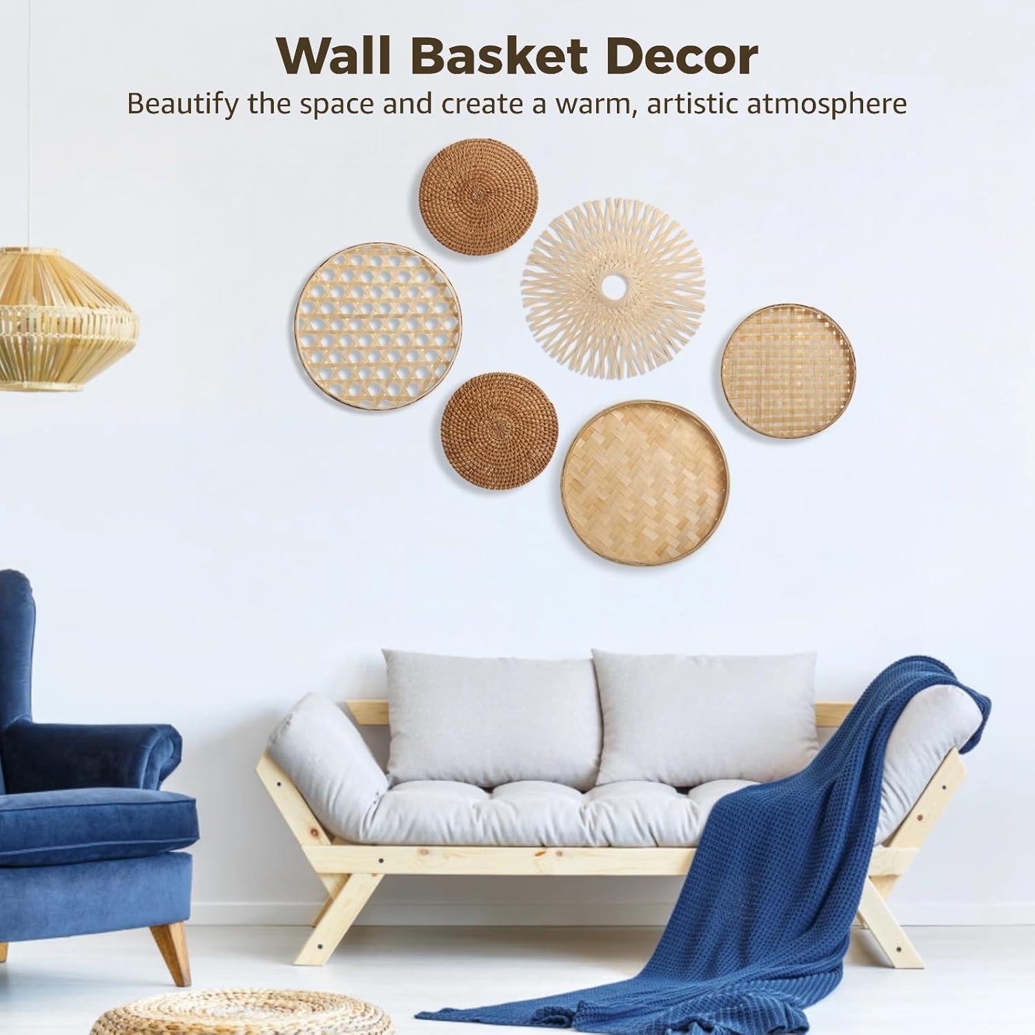 6 Pcs Wall Baskets, Handwoven Wood Boho Wall Decor, 7.1-11.8 in, for Home, Living Room Bedroom Hallway