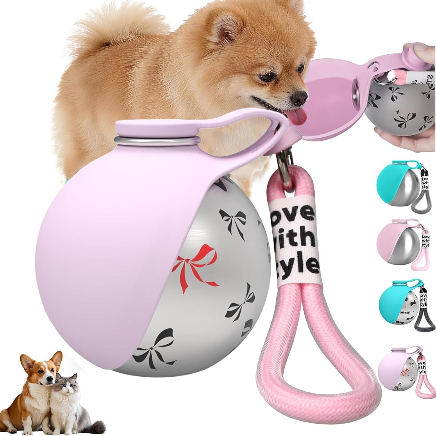 SANJSJHXJ Foldable Pet Water Bottle for Hikes, 285ml Stainless Steel Dog Water Bottles for Walking, Portable Dog Water Bowl Combo,pink with prin
