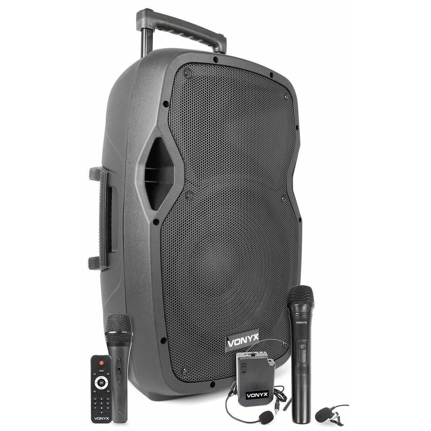 Vonyx AP1200PA - Mobile PA Anlage, Partybox Bluetooth mit Akku, 600 Watt Party Lautsprecher mit UHF-Mikrofon, Kabel-Mikrofon und Wireless Headset, Musikbox Bluetooth Groß, MP3 - USB/SD, Handgriff