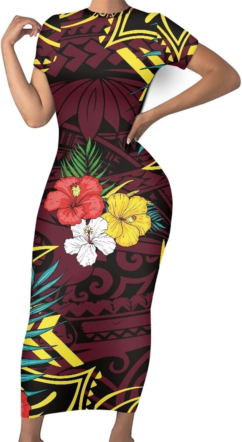 Polynesian Tribal Maxi Dresses for Women Slim Bodycon Casual Dresses Samoan Puletasi Evening Party Dress