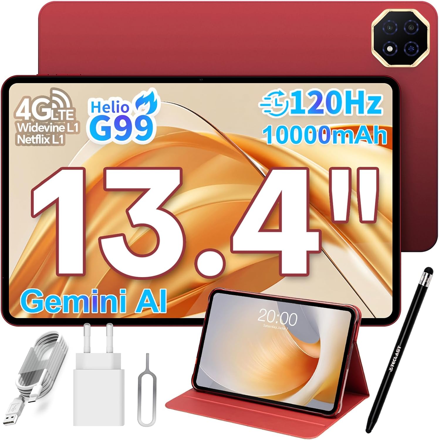 TECLAST T65 PLUS Tablet 13.4 Pollici 120Hz, Helio G99 2.2GHz Octa-Core Gemini AI, Dual SIM 4G LTE+5G WiFi, 10000mAh/18W, 20GB RAM 128GB(TF 8TB), Widevine L1/GPS/13MP/Android Tablets con Custodia+Penna