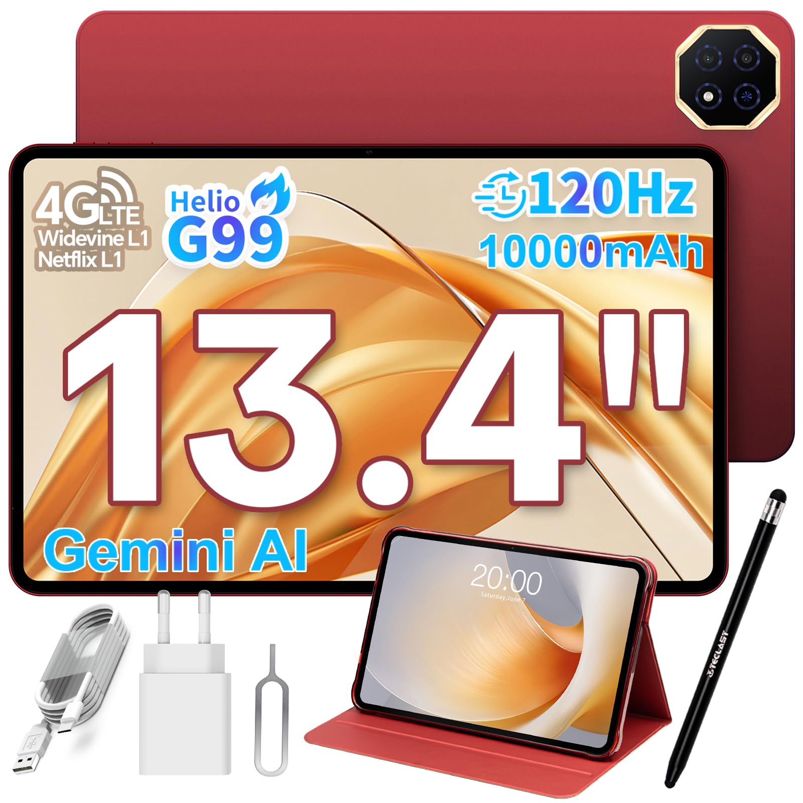 TECLAST T65 PLUS Tablet 13.4 Pollici 120Hz, Helio G99 2.2GHz Octa-Core Gemini AI, Dual SIM 4G LTE+5G WiFi, 10000mAh/18W, 20GB RAM 128GB(TF 8TB), Widevine L1/GPS/13MP/Android Tablets con Custodia+Penna