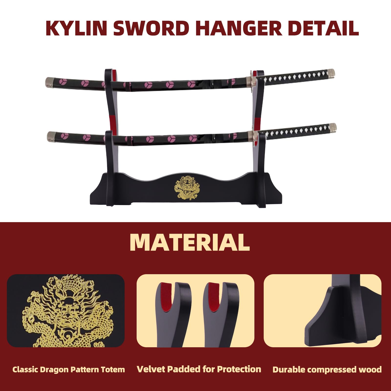 Support d'épée japonais doublé de velours katana standard samouraï présentoir support toutes les épées motif ragon, 2 couches