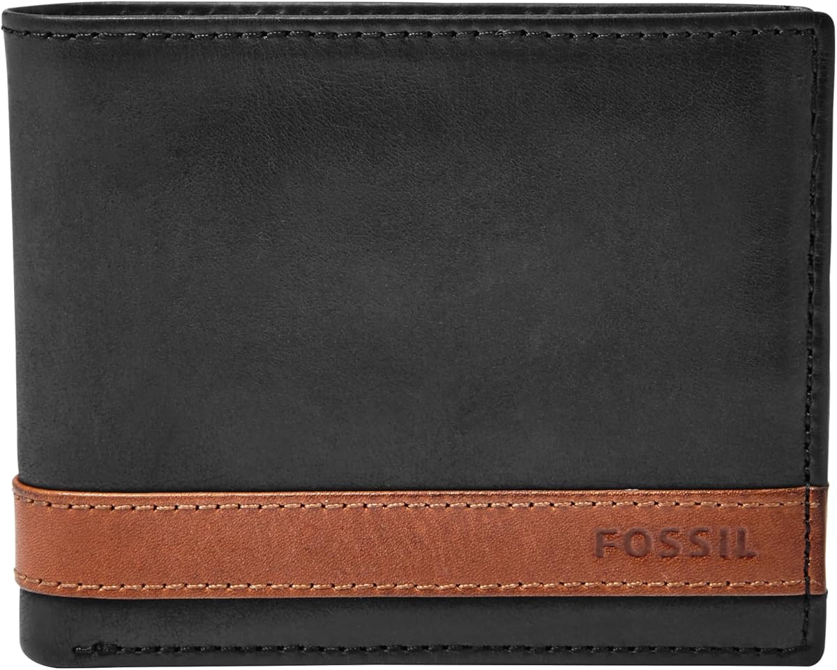 Cartera plegable de cuero Quinn con tapa para identificación para hombre, Cartera de cuero para hombre, Negro