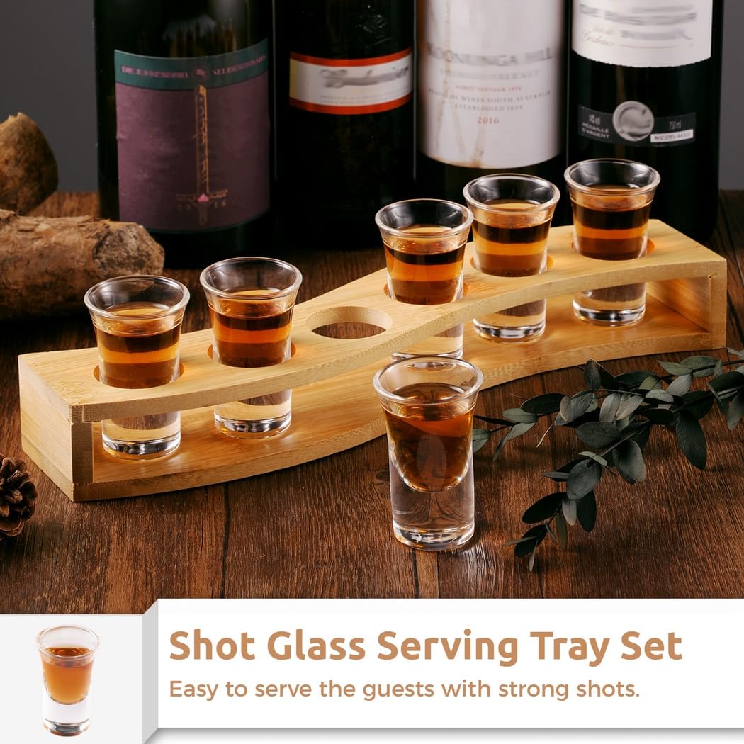 Lot de 6 verres à shot de qualité supérieure avec porte-plateau en bambou en forme de S, gobelets en verre transparent de 25 ml, parfaits pour les fêtes et les restaurants