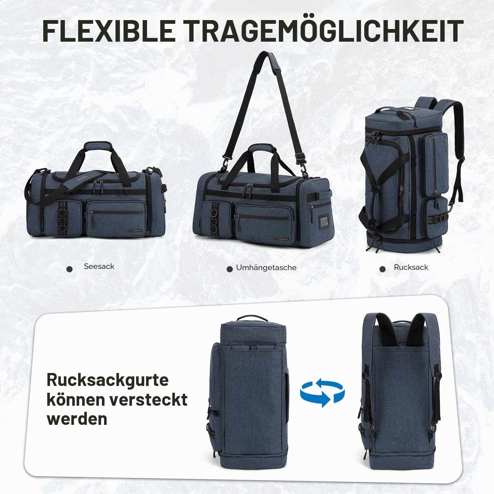 3 in 1 Reisetasche Herren 50L Große Sporttasche mit Schuhfach Nassfach Isoliertem Fach als Rucksack tragbar Weekender Duffel Bag für Reisen Fitness Schwimmen Sauna, Blau