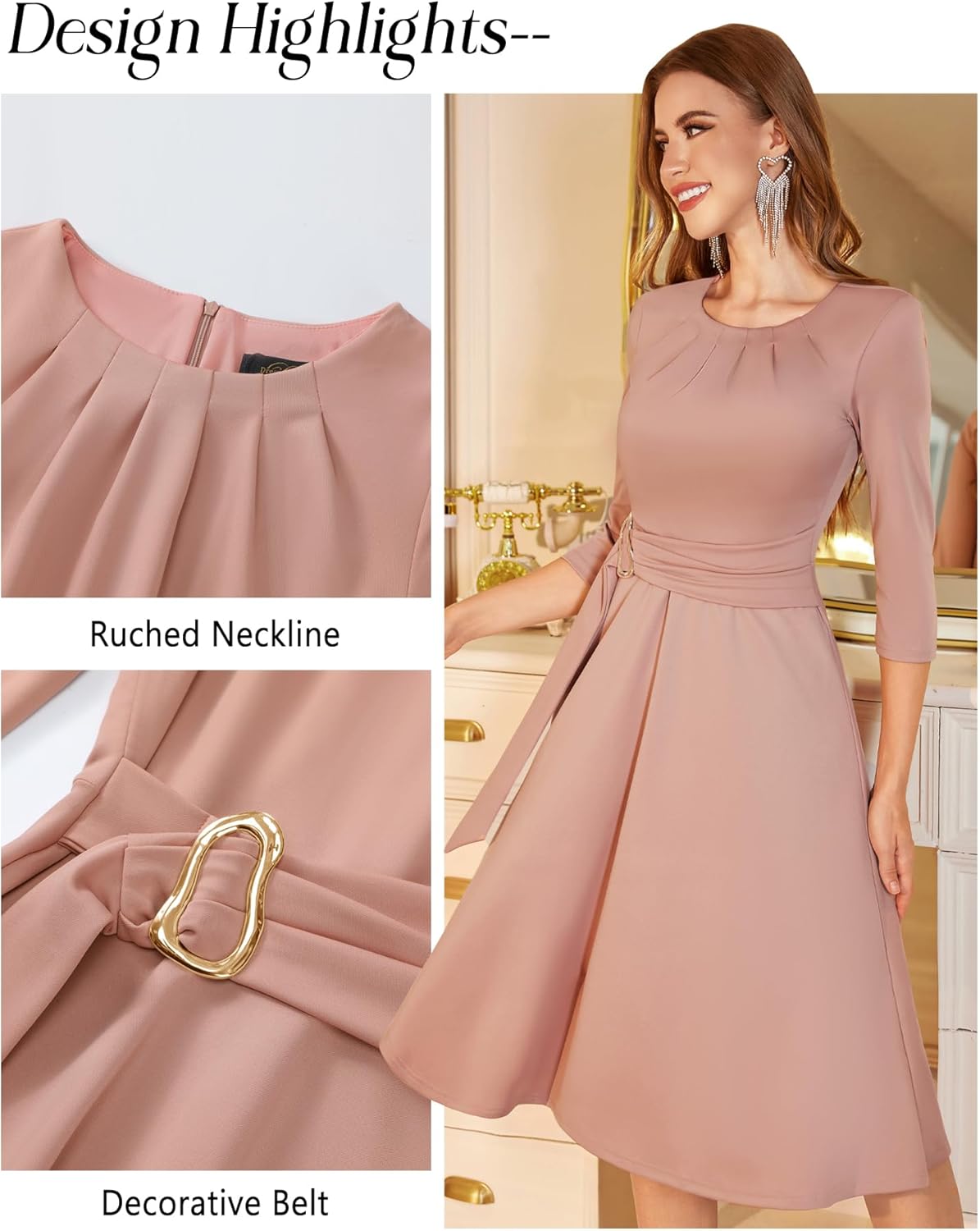 Dressystar Women's Wedding Guest Dress Fall Midi A Line Swing Long Sleeve Ruched Elegant Formal Cocktail Party Dresses 2025 Dusty Rose Blush Pink L - Image 5