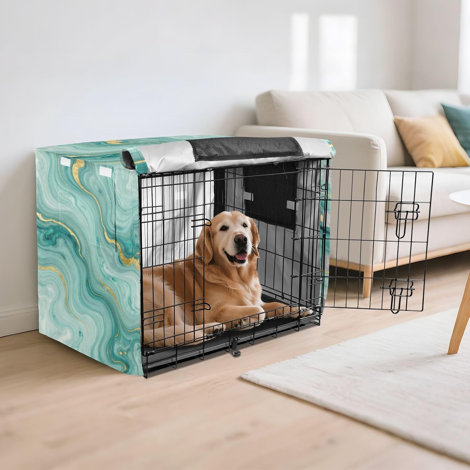 Watercolor Marble Turquoise Dog Crate Cover 600D Oxford Pet Kennel Cover with Mesh Window for Dog Cages, Windproof Waterproof Machine Washable, 42"x28"x30"