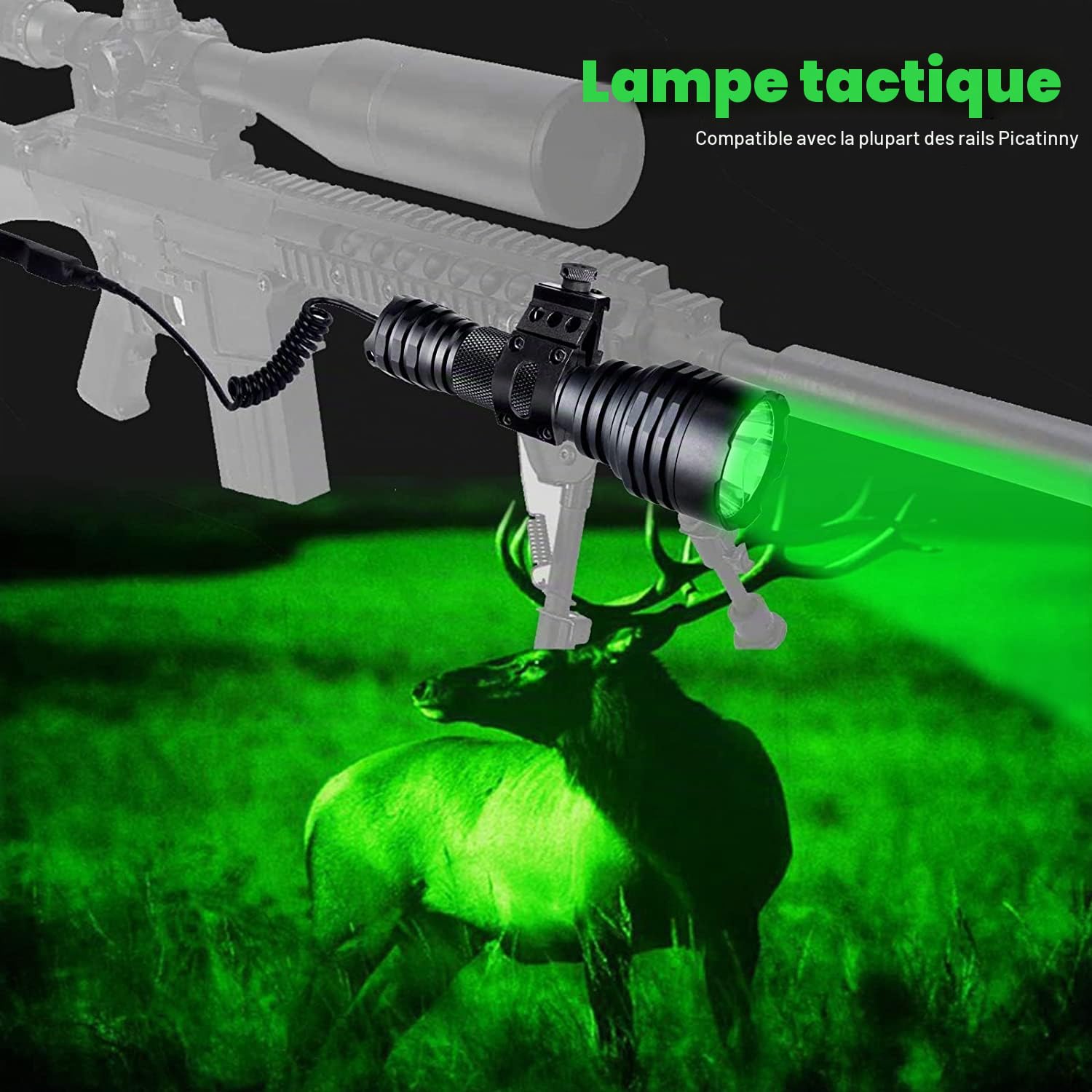VASTFIRE Puissante Lampe de Chasse verte 1200 Lumens 500 Yards, Lampe de Poche Prédateur Adaptée aux Porcs, Lapins, Coyotes et Chasseurs de Porcs