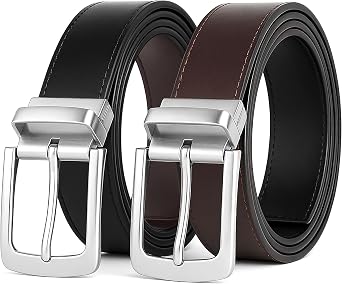 Woodland Leathers Reversible Belts for Men 1.25" Wide Rotated Buckle, Faux Leather Mens Black Belt Two Sided Reversible for Suit Jeans