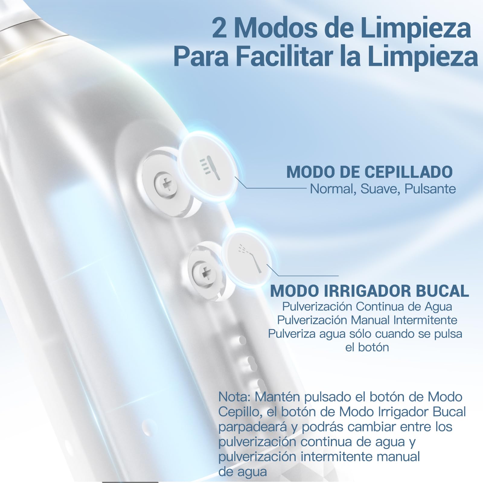 Marchpower Cepillo de Dientes Eléctrico con Irrigador, 2 En 1 Irrigador Dental Portatil con 10 Modos 3 Cepillos Dupont, IPX7 Impermeable 110ML USB-C Recargable, Para el Hogar y los Viajes(Blanco)