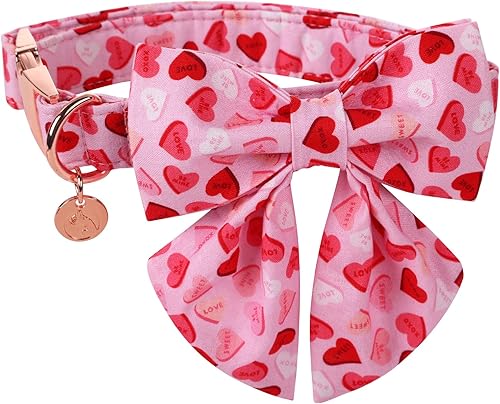DOGWONG Collar de perro para el día de San Valentín con pajarita, collar de perro de San Valentín con corazón rosa, suave, duradero, ajustable,