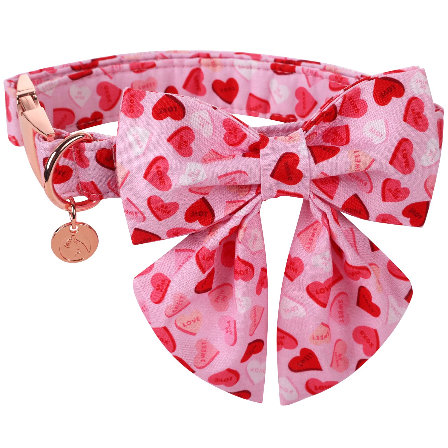 DOGWONG Valentine's Dog Collar with Sailor Bowtie - Pink Heart Adjustable Cotton Heart Dog Collar - Perfect for Small, Medium, Large Dogs