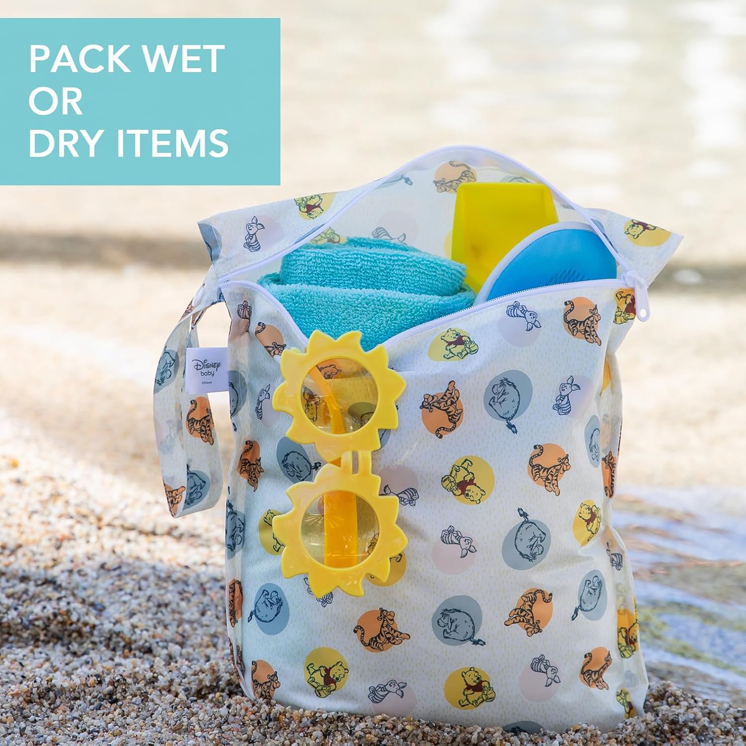 Bumkins Disney Waterproof Wet Bag for Baby, Travel, Swim Suit, Cloth Diapers, Pump Parts, Pool, Gym Clothes, Toiletry, Strap to Stroller, Daycare, Zip Reusable Bag, Packing Pouch, Winnie the Pooh image 3