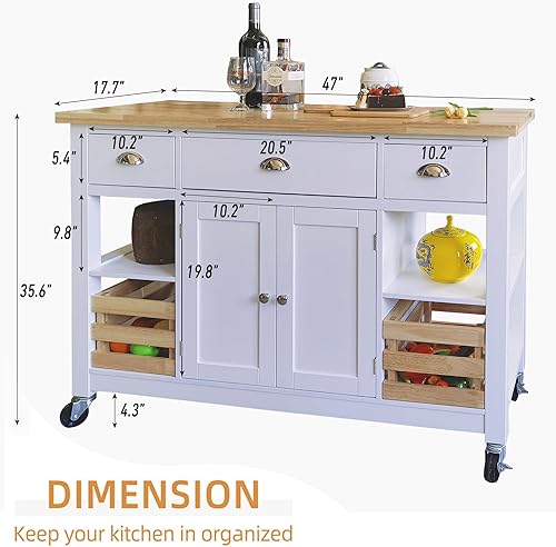 Miniatura 7 de PHI VILLA Carrito de isla de cocina con ruedas - Mesa de cocina rodante con almacenamiento