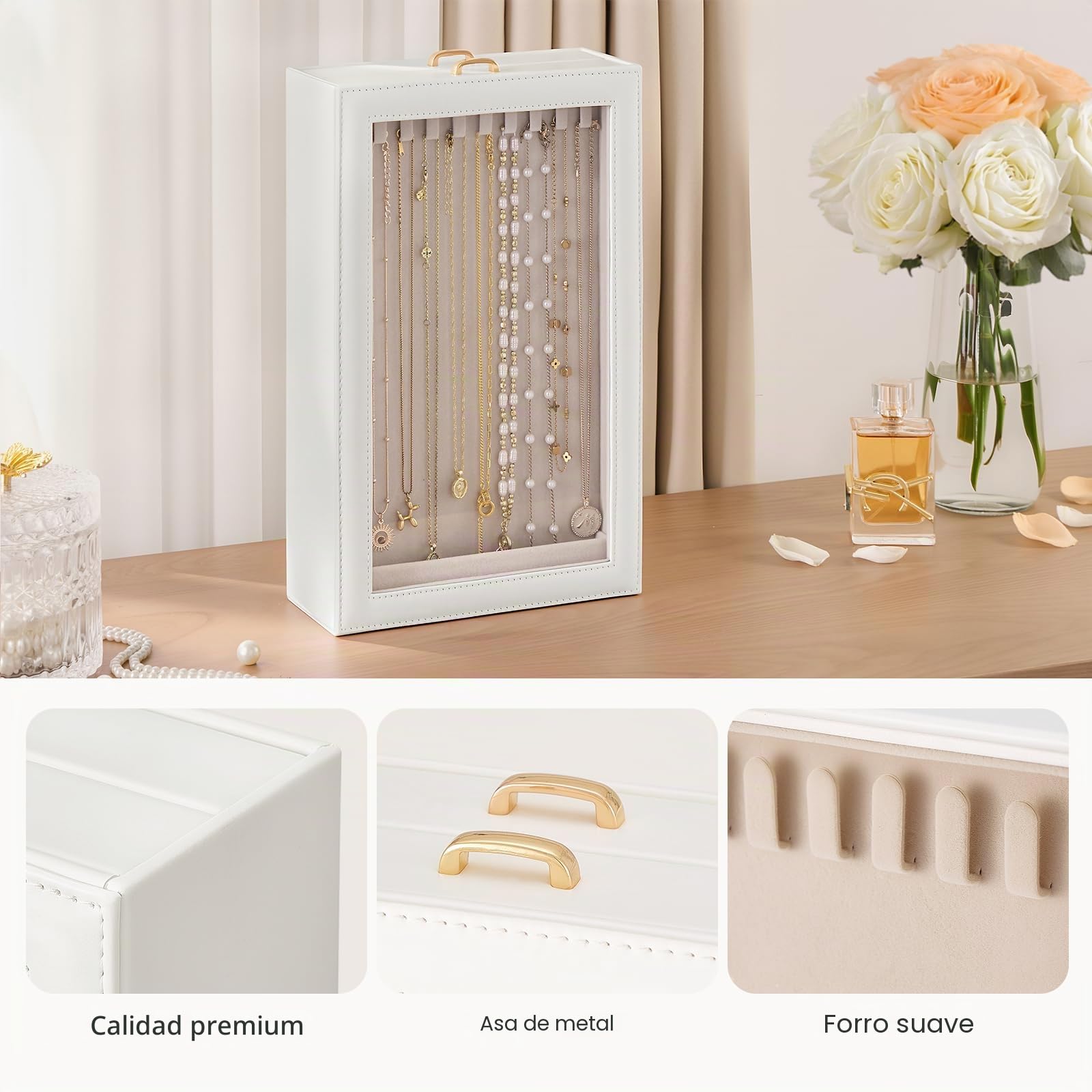 Lolalet Organizador de Collares Vertical，Caja para Collares con 2 Cajones Extraíbles,2 Capas y 20 Ganchos,Almacenamiento Antienredos para Collares,Pulseras y Accesorios,Ocupa Poco Espacio-Blanco
