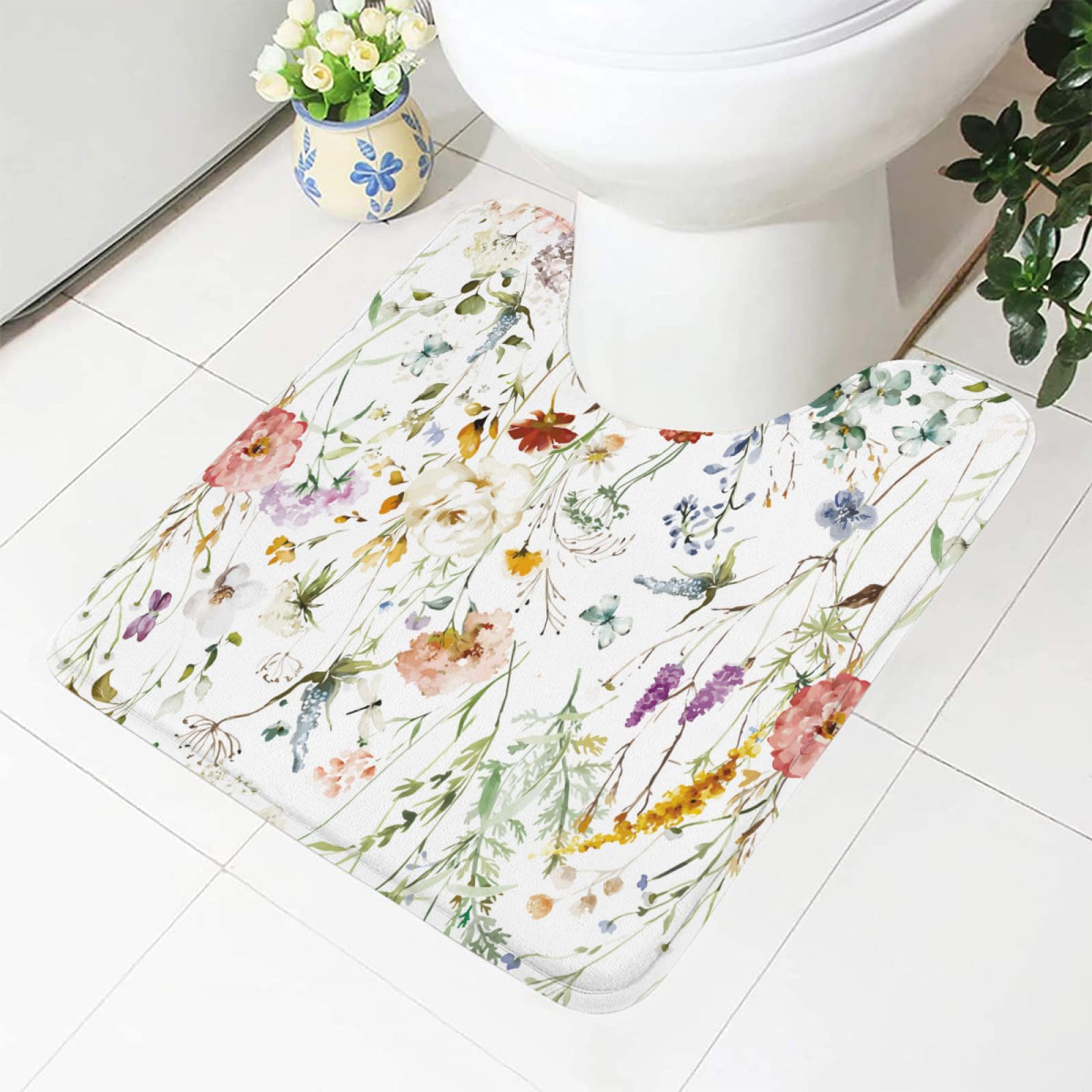 ENSFTF Toilet Rugs Soft Comfortable Absorbent Toilet MatsFloral Lavender Pattern Machine Washable Toloet Contoured Bath Mats Soft Flannel U-Shaped