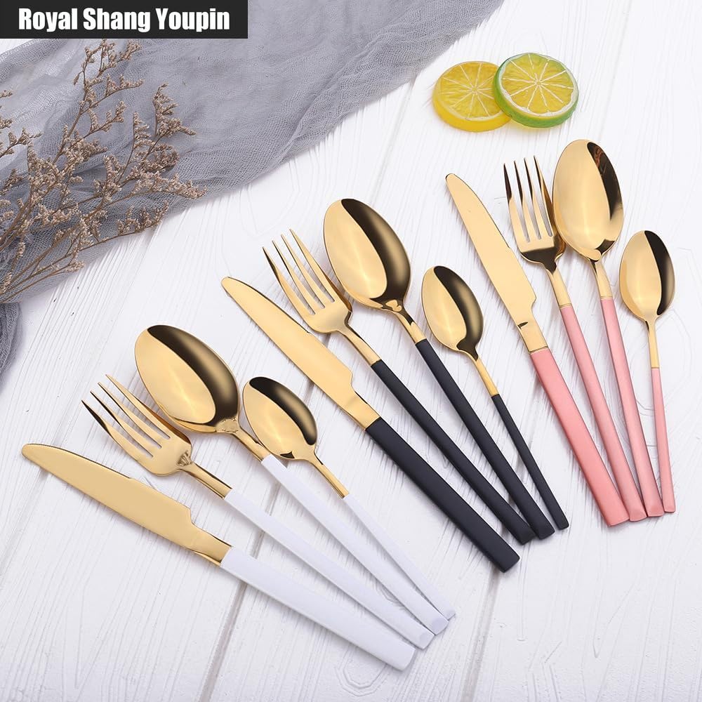 Processo Di Placcatura Cucina Acciaio Inossidabile Argenteria Stoviglie Posate Coltelli Forchette Cucchiai Set Coltello Da Bistecca Per La Casa Cucchiaio Da Dessert (Rosa,16 pezzi)