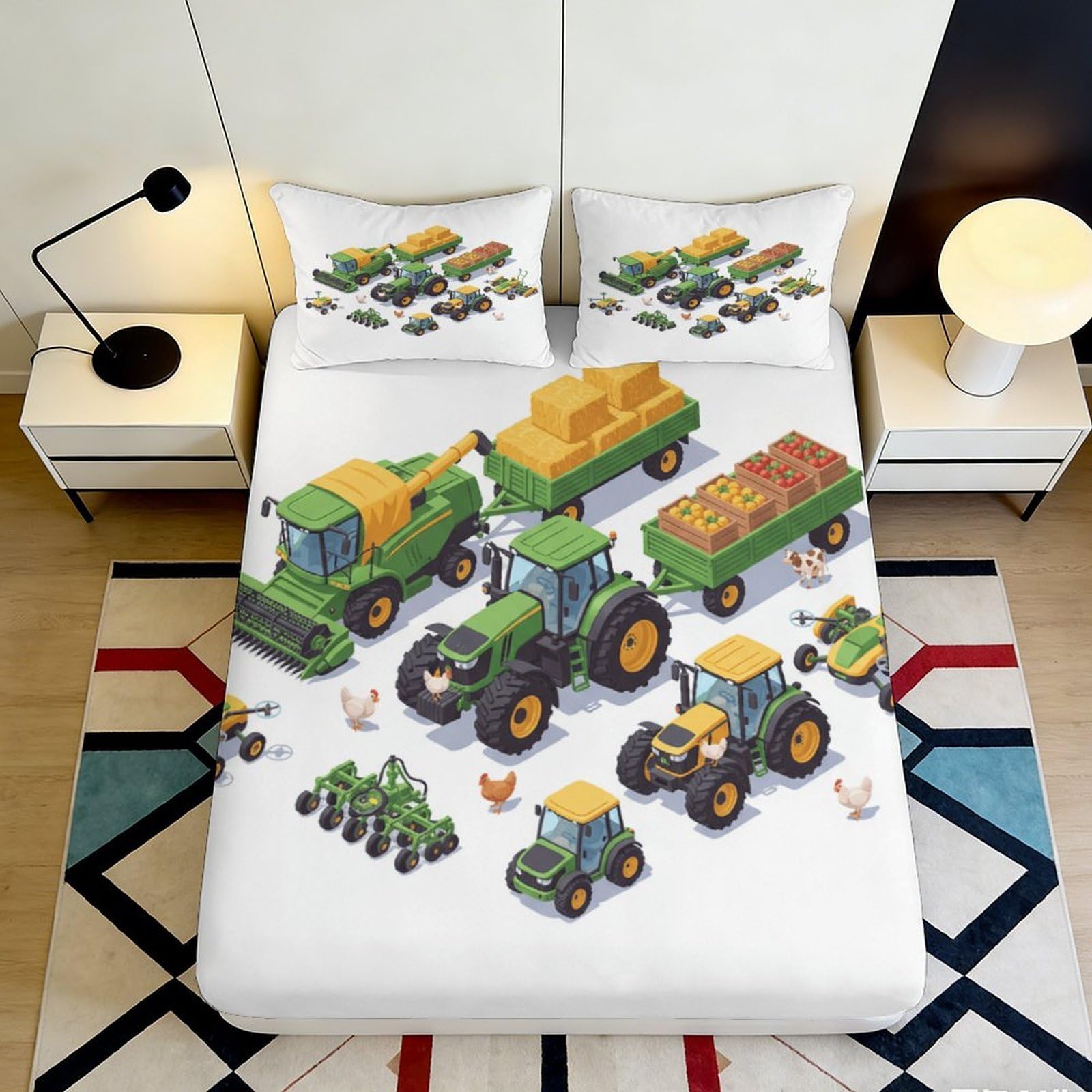 3D Printed Farm Vehicles Fitted Sheet Microfiber Durable Soft 3D Printed Tractors Bed Cover for Bedroom Dormitory Guest Room Mattress Protection 140x200x25cm
