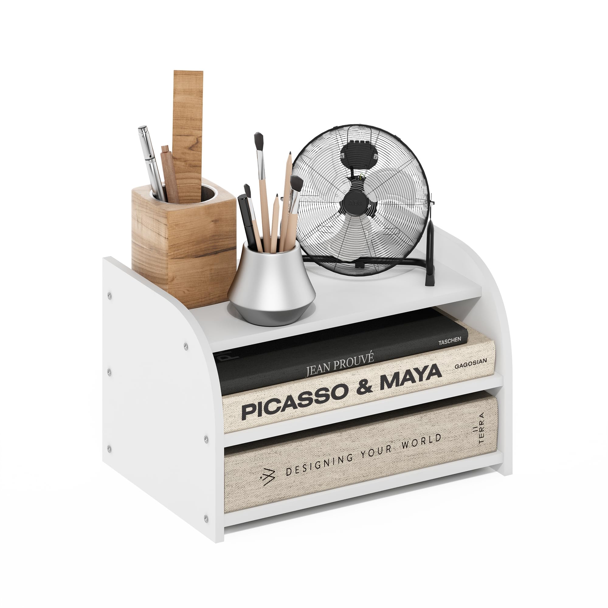 Furinno CLASSIC Organizzatori e Accessori da Scrivania, Rialzo Monitor a 3 Livelli, Organizzazione da Ufficio, Mensola Libreria, Accessori da Scrivania per Ufficio, Bianco