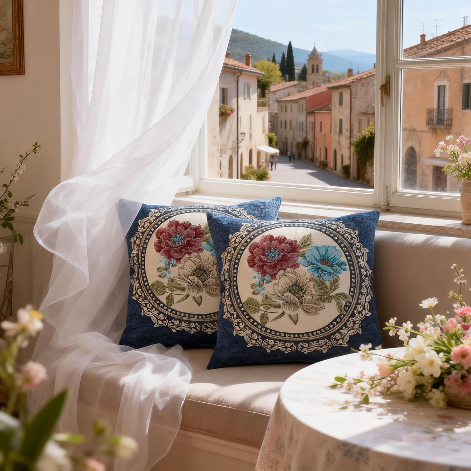 Set of 2 Blue Vintage Embroidered Throw Pillows Covers 18x18in,Vintage Royal Blue Pillow Covers for Living Room Farmhouse Square Pillow Cover Set of 2 Blue Vintage Embroidered Throw Pillows Covers 18x18in,Vintage Royal Blue Pillow Covers for Living Room Farmhouse Square Pillow Cover