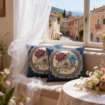 Set of 2 Blue Vintage Embroidered Throw Pillows Covers 18x18in,Vintage Royal Blue Pillow Covers for Living Room Farmhouse Square Pillow Cover