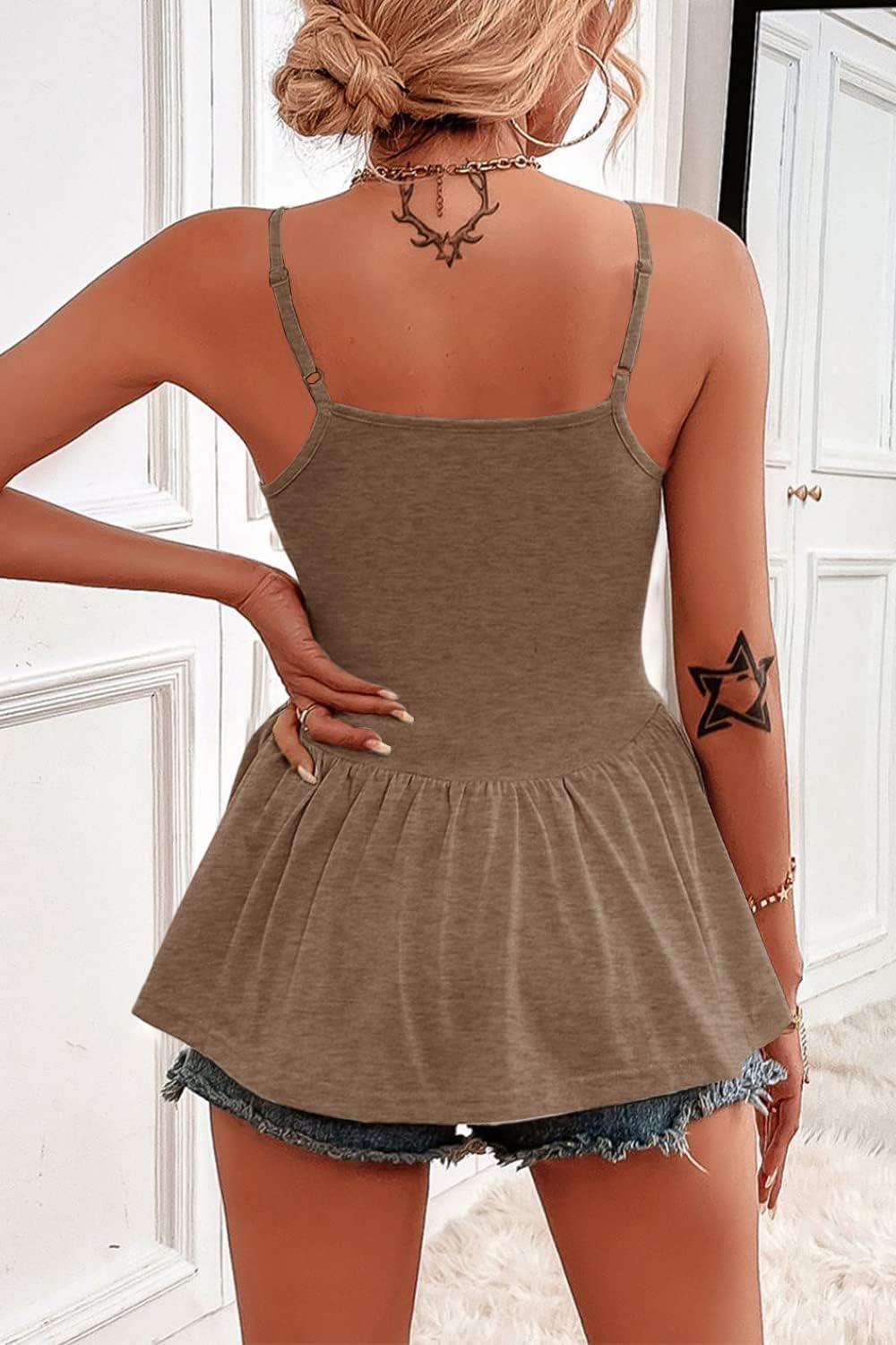 Women's Adjustable Spaghetti Strap Tank Tops Sleeveless Peplum Summer Cami Shirt - Image 3