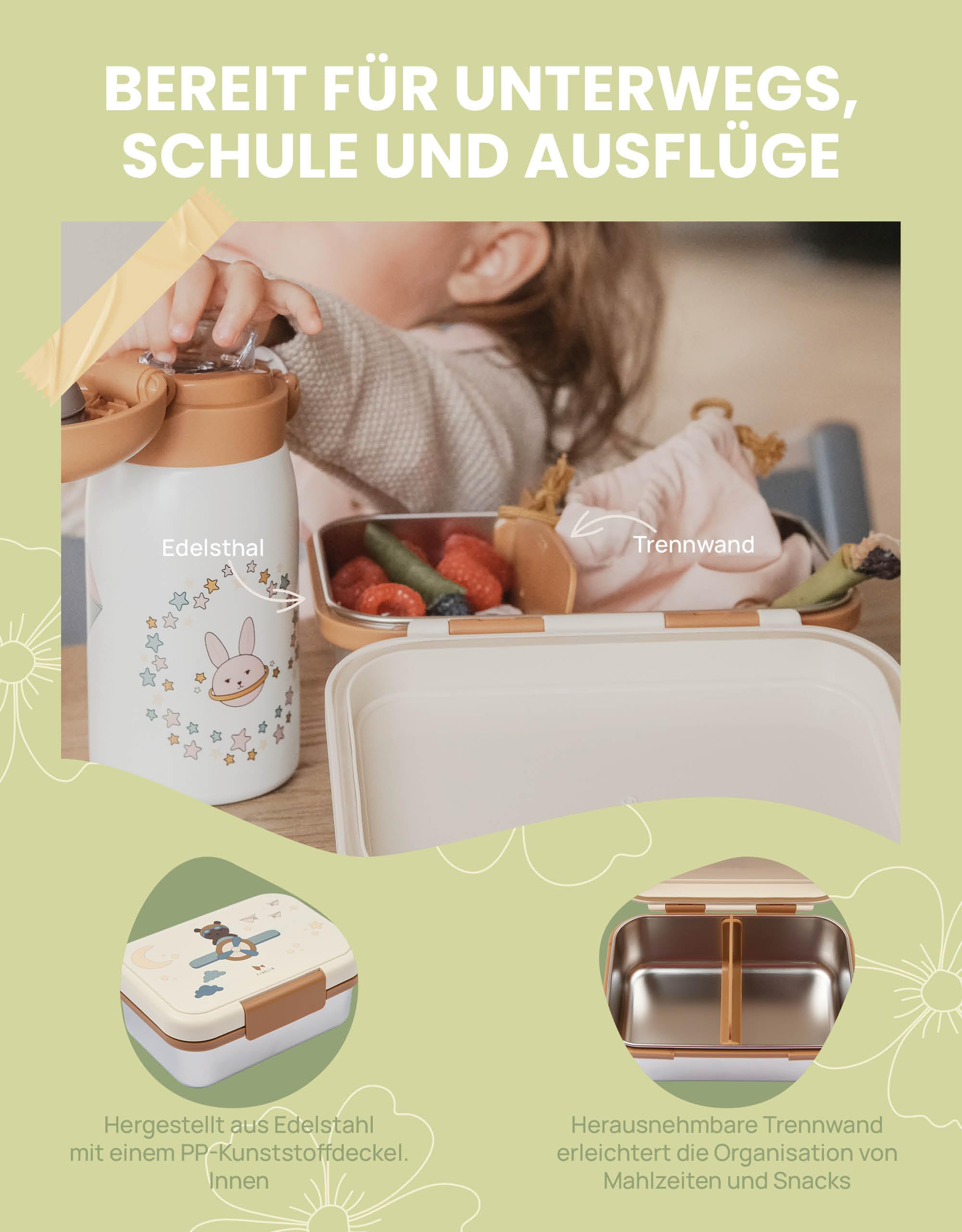 Fabelab Contenitore per il pranzo per bambini con scomparti, scatola per il pranzo astronauta in acciaio inossidabile, 1000 ml, scatola per il pranzo a prova di perdite con scomparti per bambini della