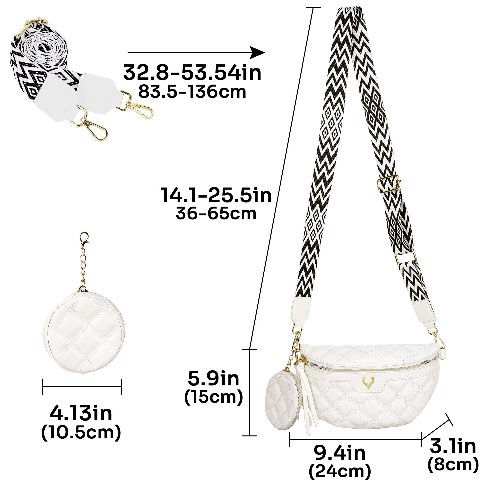 Diamond Sac banane matelassé avec sangle réglable - Blanc - Pour voyage, concert et festival - Sac banane sportif mains libres