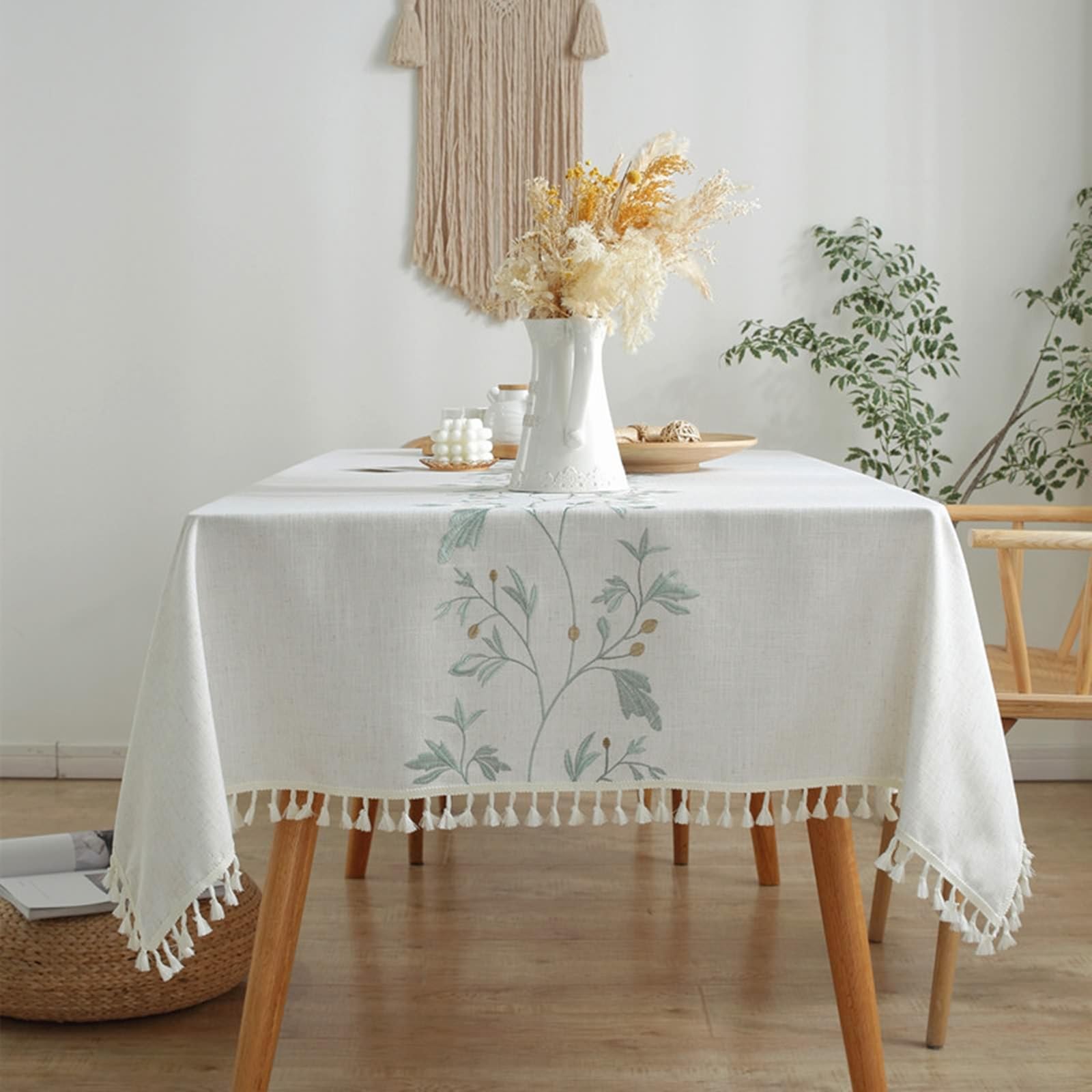 Mantel rectangular de cocina, 99 x 160 cm, poliéster bordado con hojas y borlas, mantel para eventos, bodas, banquetes y fiestas, estilo 2, verde
