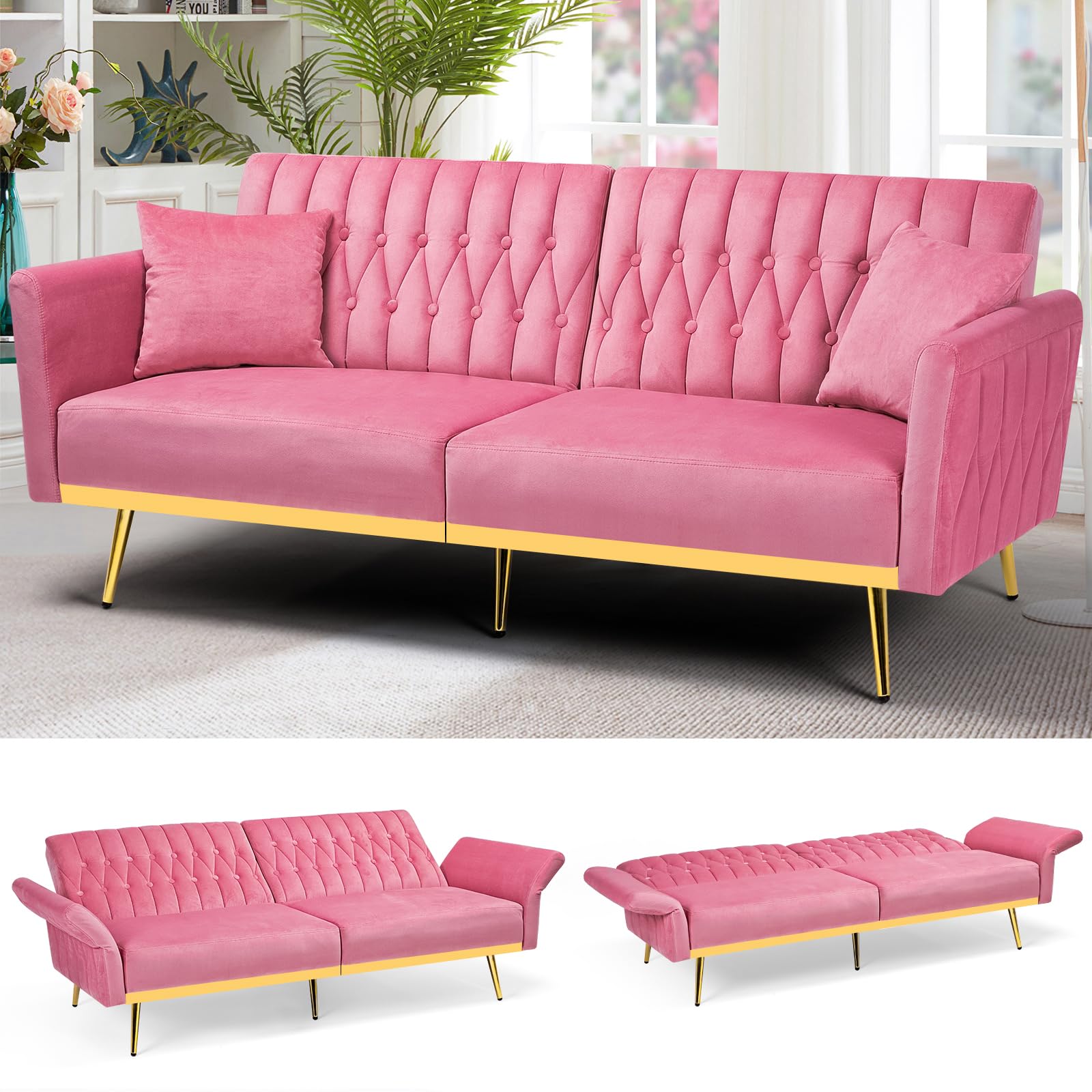 ACMEASE69” Velvet Futon Sofa Bed with 2 Pillows and Adjustable Armrests, Convertible Sleeper Bed, Modern Loveseat for Living Room, Bedroom, Pink