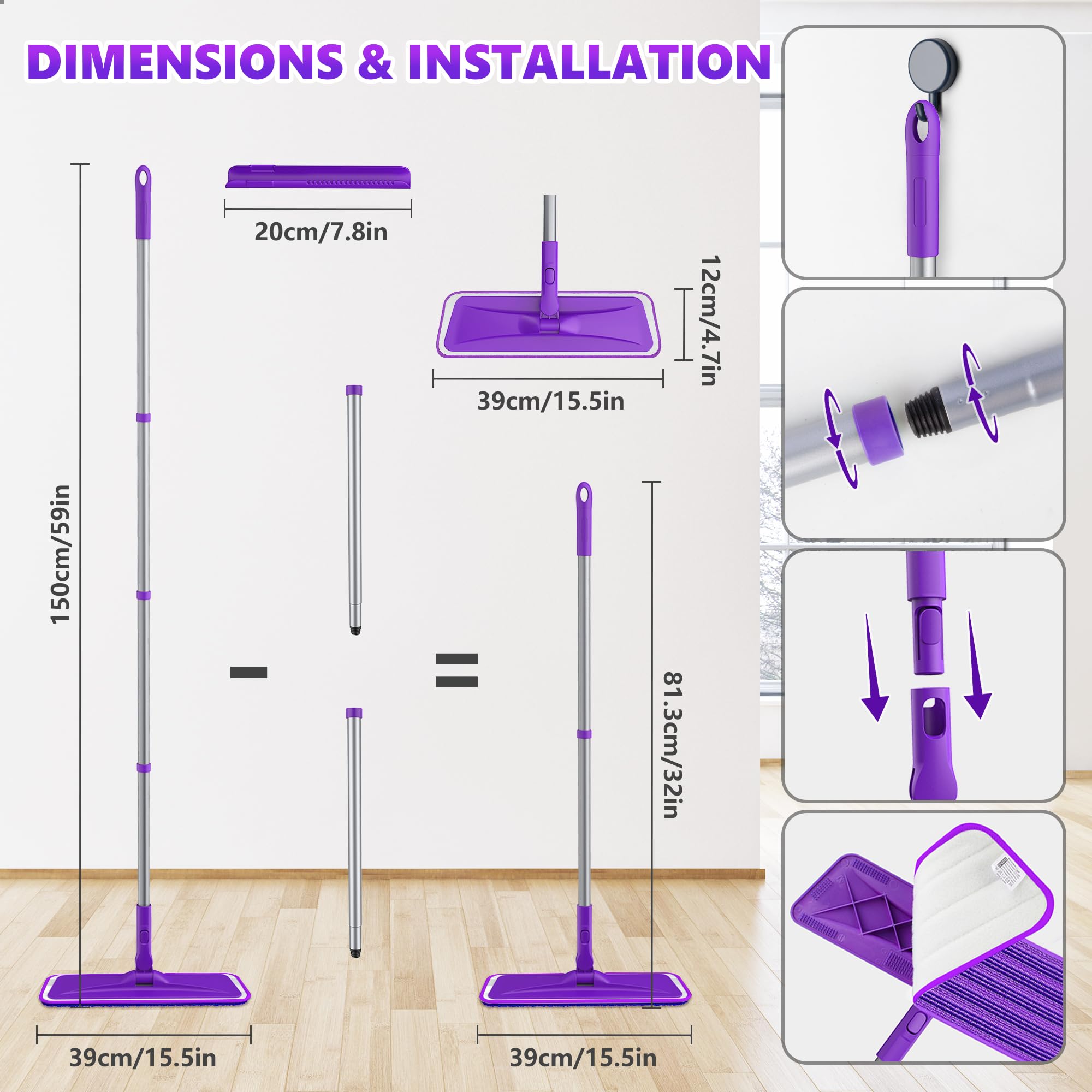Mopas de microfibra para limpieza de suelos: mopa plana BPAWA con 4 almohadillas reutilizables lavables aptas para Swiffer Powermop, cocina, mopa húmeda y seca para suelos de madera dura, laminados,